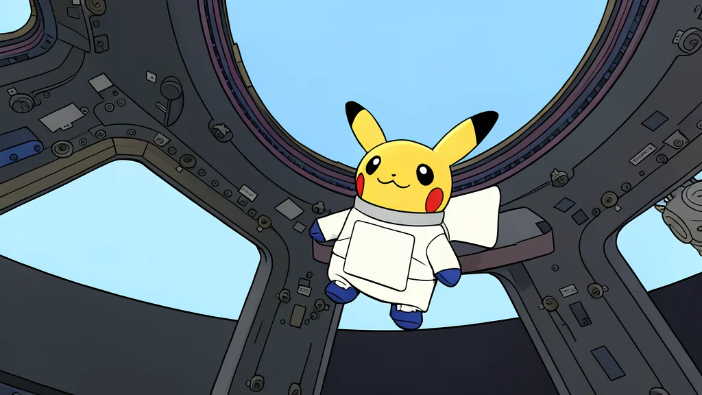 A plush yellow mouse toy wearing a white spacesuit floating against a backdrop of stars
