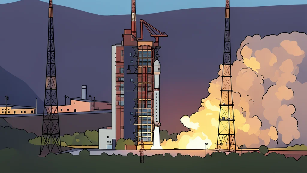 A rocket ascending into the night sky above a desert landscape
