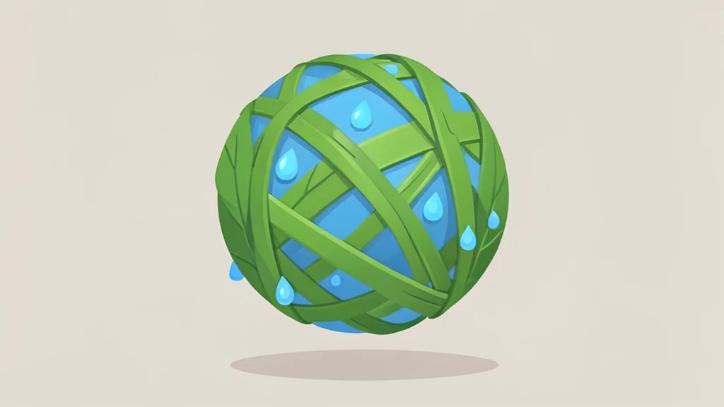A globe formed by interwoven green leaves and blue water droplets