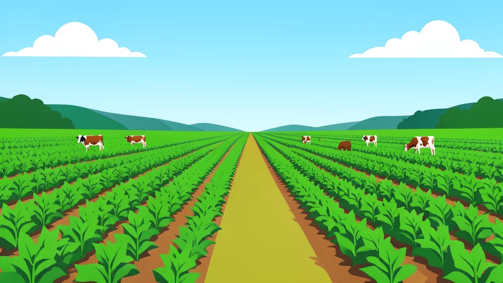 A lush green agricultural field with rows of crops and grazing livestock under a bright sky