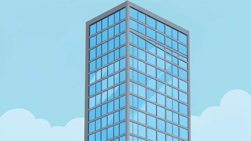 A modern glass skyscraper with a grid of windows reflecting the sky