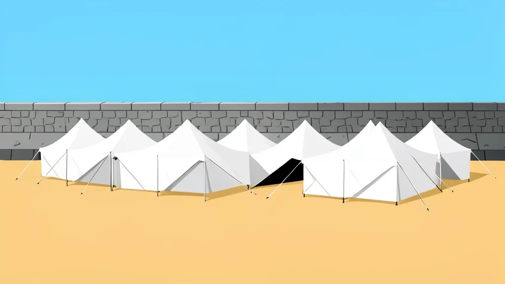 A row of white canvas tents set up on a sandy beach near a stone harbor wall