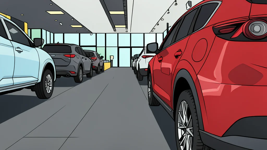 A row of parked cars in a dealership lot under an overcast sky