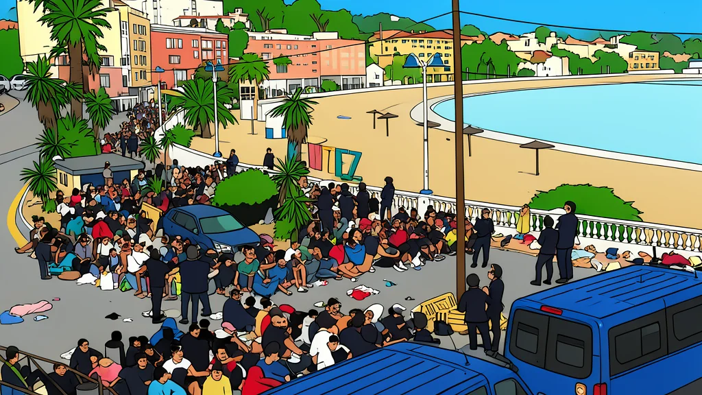 A flat-vector illustration of a sandy shoreline meeting the sea, with a distant fortified port structure and a line of uniformed figures standing in the distance.