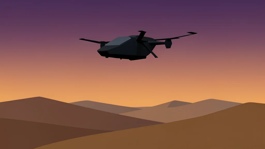 A sleek, dark-colored unmanned aerial vehicle hovering silently above a vast, arid desert landscape at dusk.