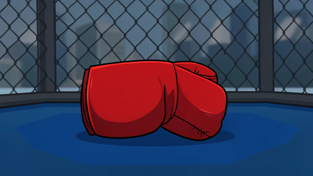 A pair of red and black padded gloves resting on a dark canvas mat