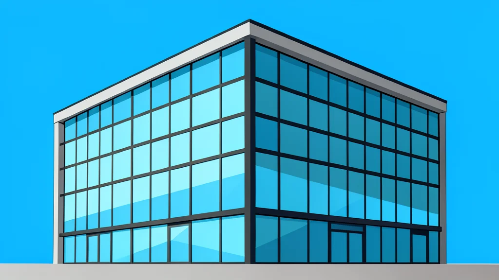 A modern glass office building with a clear blue sky background