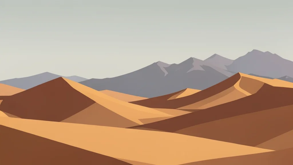 A rugged desert landscape with sand dunes and a distant mountain range under a hazy sky