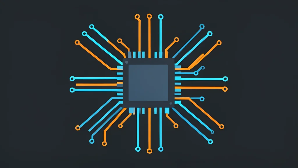 A digital circuit board with glowing traces and a central processor chip