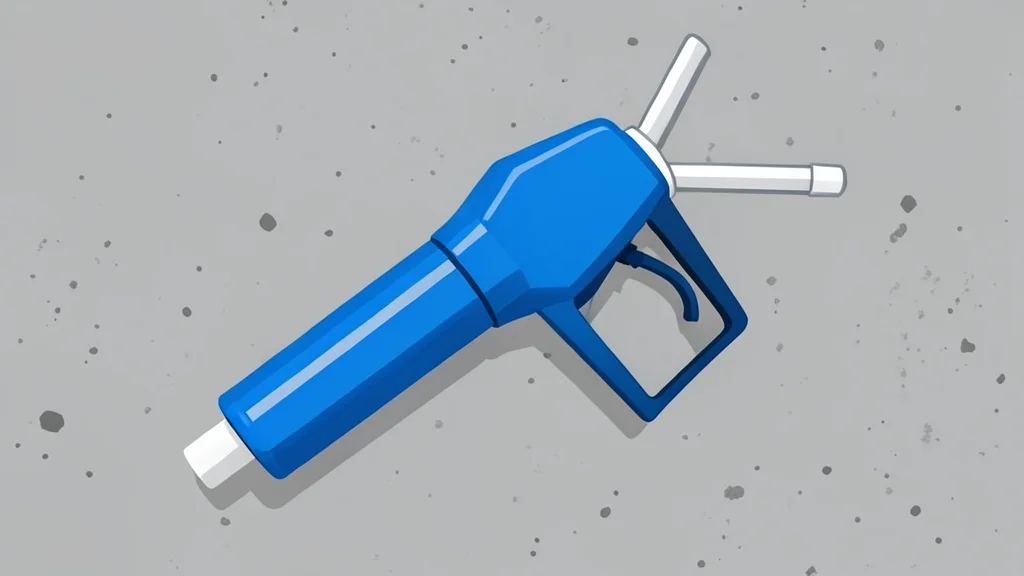 A stylized fuel pump nozzle resting on a concrete surface