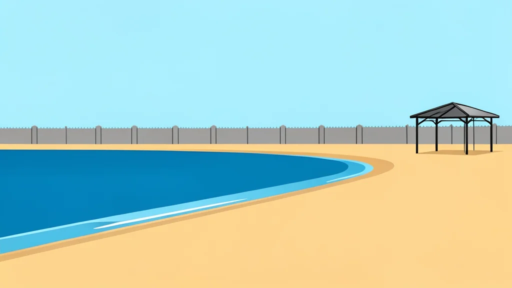 A sandy beach shoreline meeting the sea, with a distant view of a fortified border fence and a temporary shelter structure.