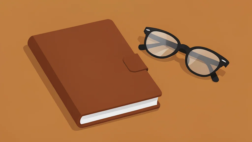 A closed leather-bound notebook resting on a wooden desk next to a pair of reading glasses