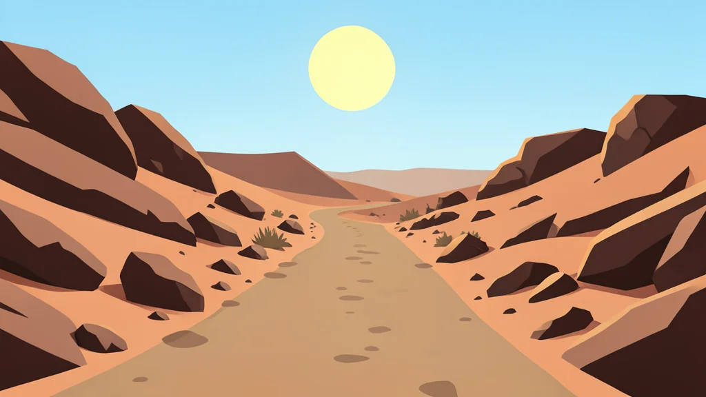 A dusty, unpaved road winding through arid, rocky terrain under a bright sun