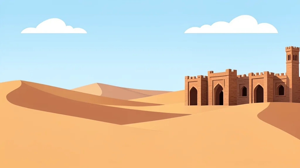 A flat-vector illustration of a desert landscape with ancient brick architecture in the distance.
