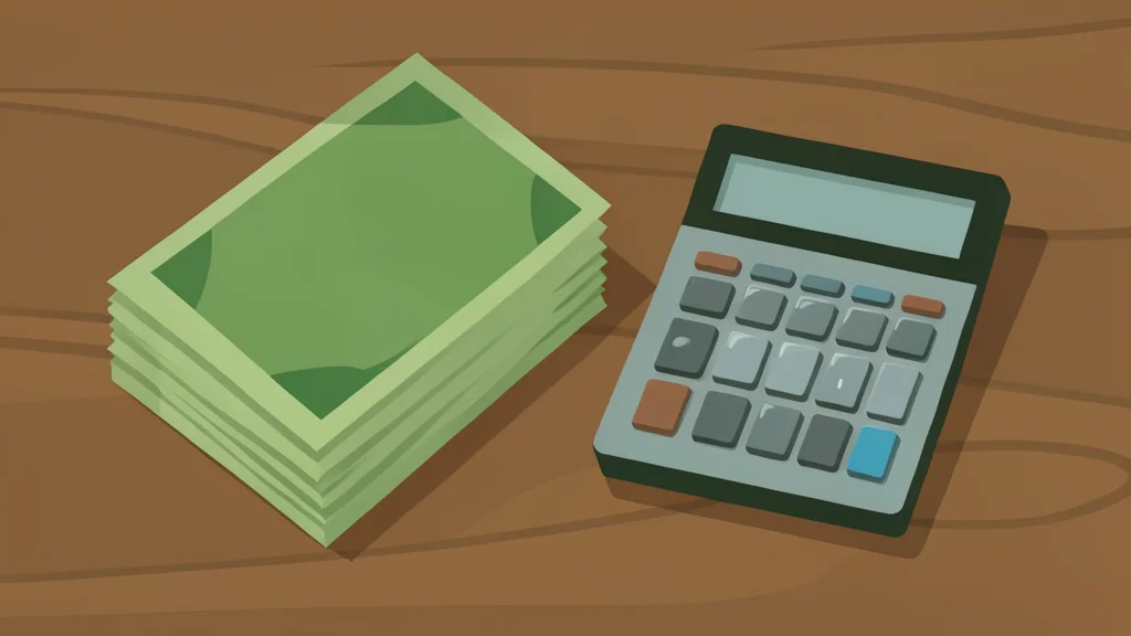 A stack of paper currency notes and a calculator on a wooden desk