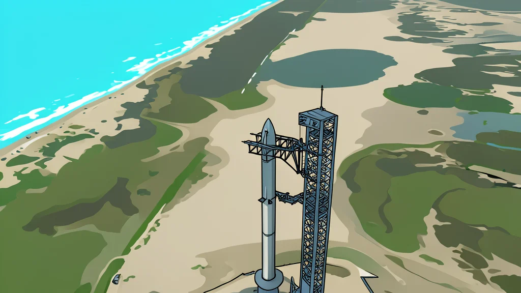 A white rocket standing vertically on a concrete launch pad against a clear blue sky