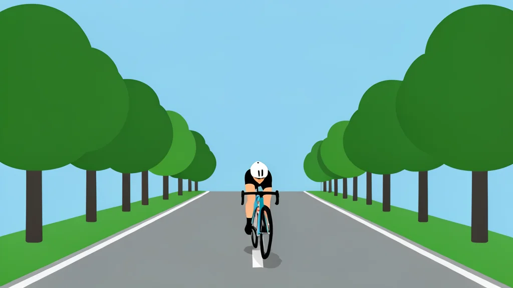A solitary cyclist in a streamlined aerodynamic posture rides a racing bicycle along a straight, paved road bordered by a dense, continuous line of green trees under a clear sky.