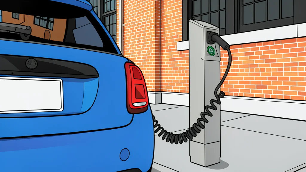 A stainless steel charging post standing on a city sidewalk next to a parked car