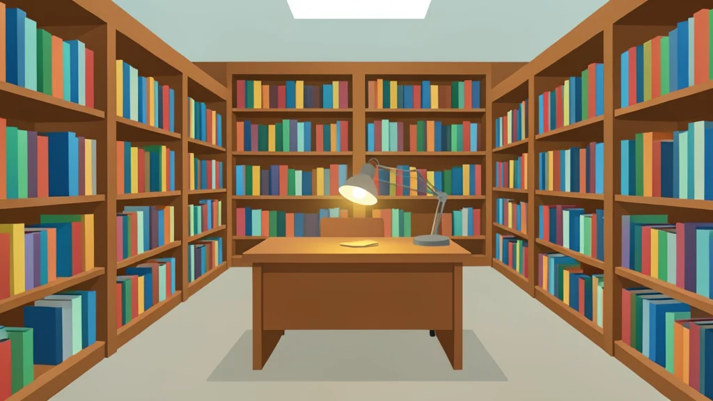 A quiet university library with rows of books and a single desk lamp