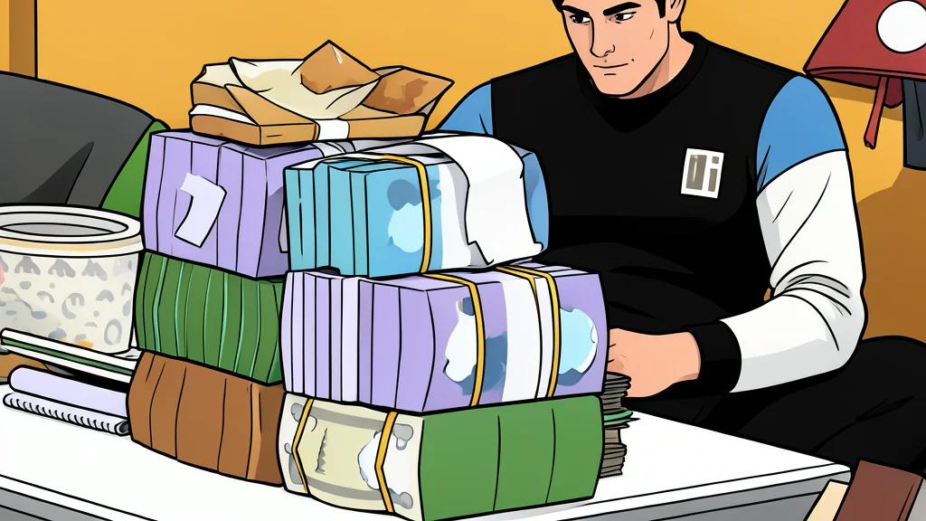 A stack of paper banknotes and a foreign currency bill resting on a wooden desk