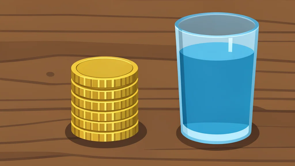 A stack of metallic coins resting on a wooden desk next to a glass of water