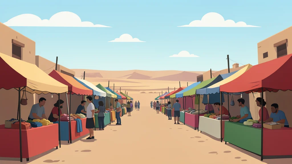 A dusty open-air market with rows of stalls and a distant view of a dry, arid landscape under a bright sky