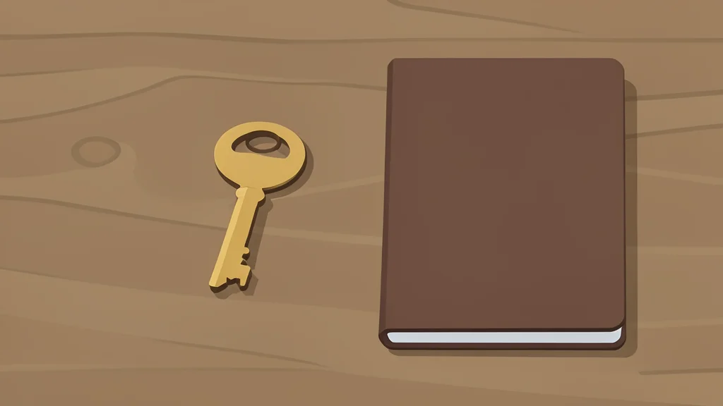 A single house key resting on a wooden table next to a closed notebook