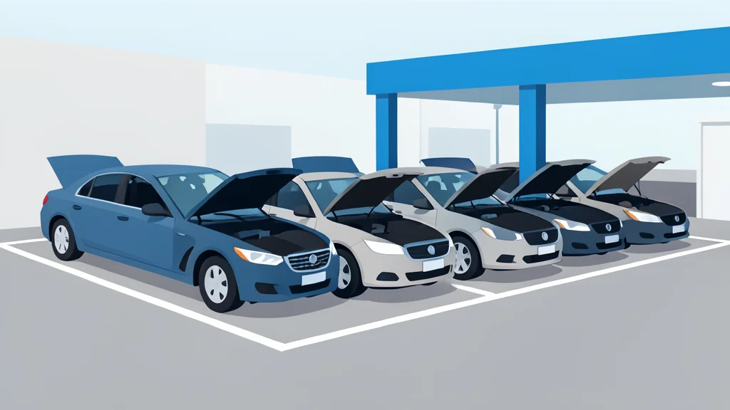A row of parked cars in a service station lot with open hoods