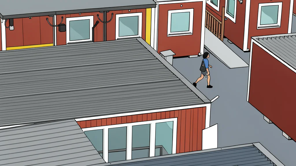 A row of modern, modular shipping-container style cabins with white exteriors and large windows, situated on a pier near the water.