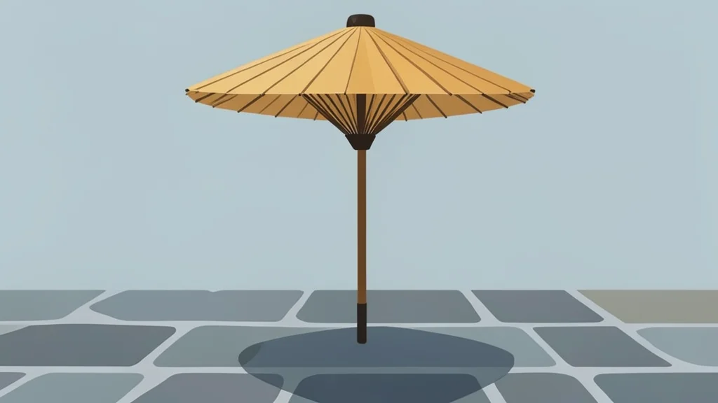 A traditional Japanese paper umbrella standing on wet stone pavement.