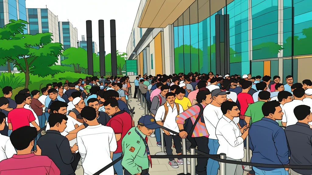A long line of people standing on a city sidewalk outside a modern glass storefront