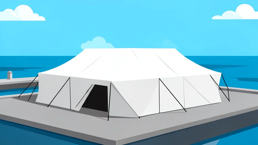 A large white tent structure set up on a paved harbor area near the water