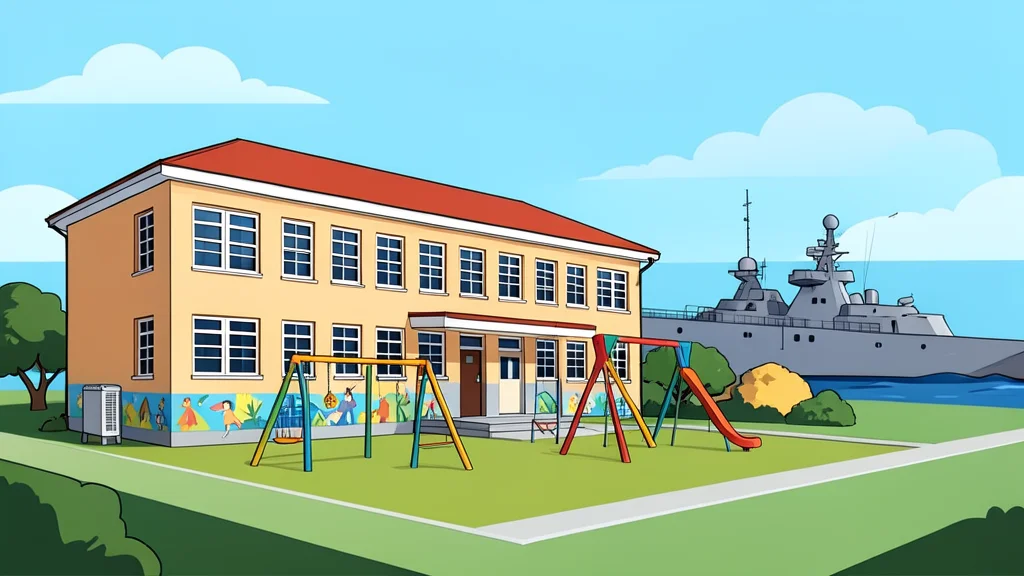 A primary school building with a playground and murals, situated near a coastal naval facility