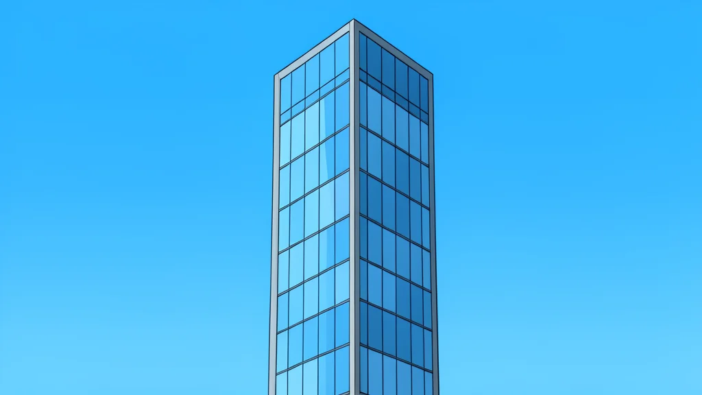 A modern glass skyscraper with a reflective facade standing against a clear blue sky