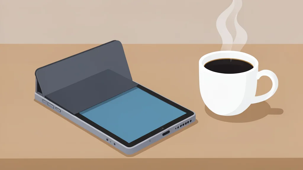A folded smartphone with a large screen partially unfolded, resting on a wooden desk next to a cup of coffee.