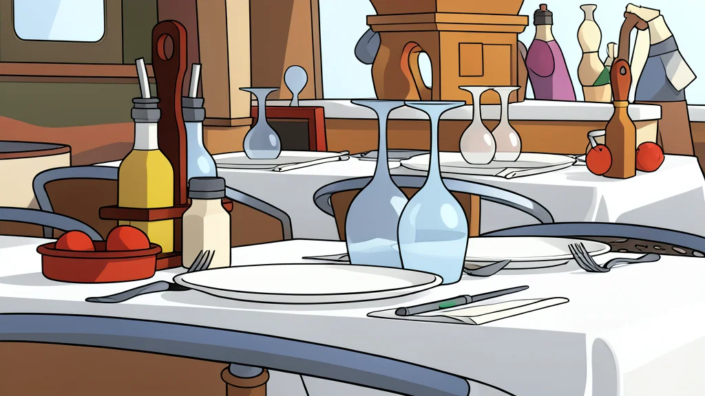 A wooden table set with ceramic plates and chopsticks in a warm, dimly lit dining room