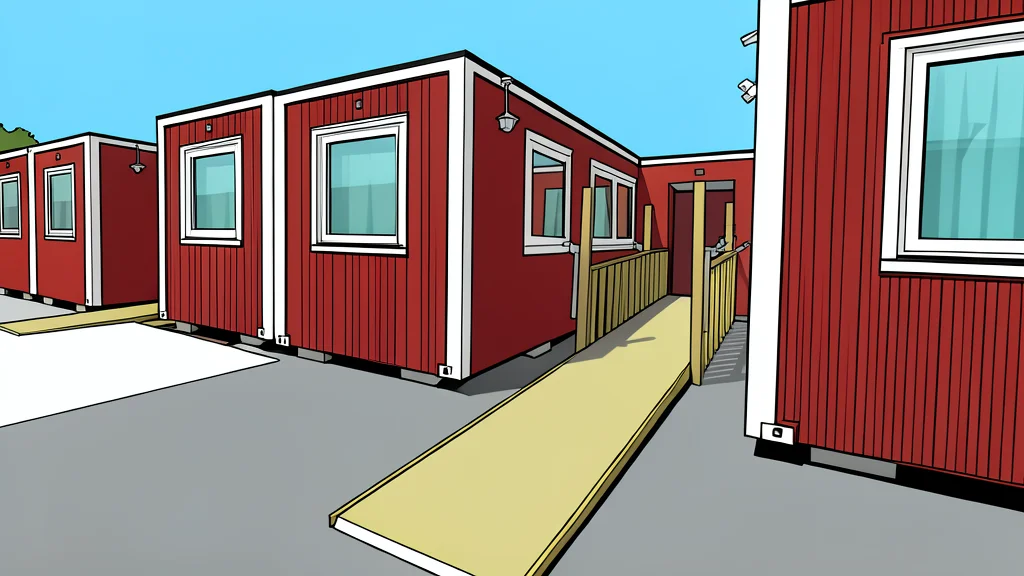A row of small, modern wooden cabins situated near a body of water.