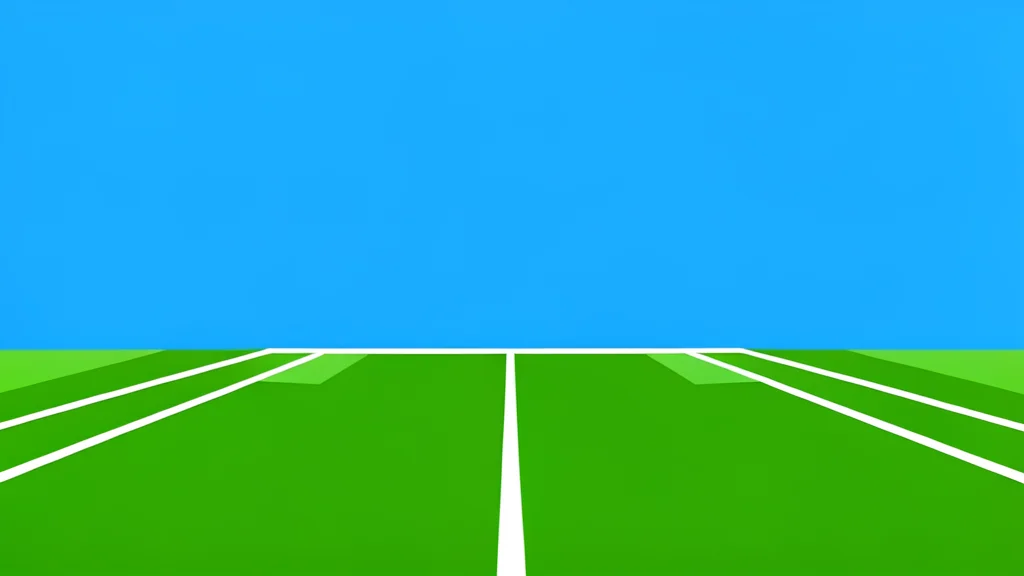 A wide-angle view of a green football field with white yard lines under a clear blue sky.