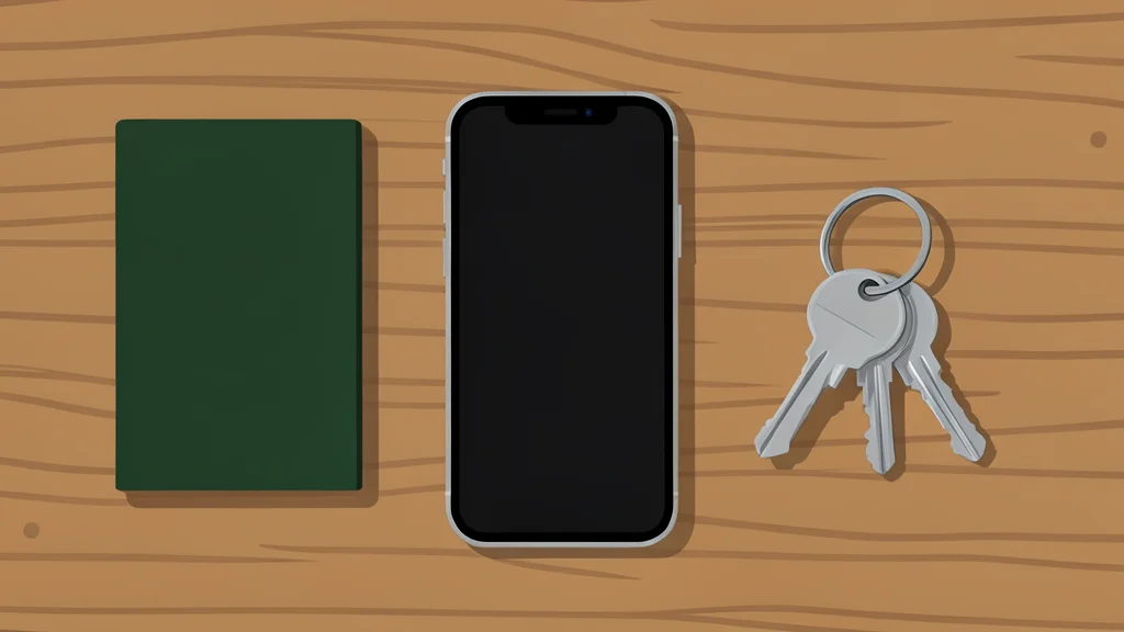 A flat vector illustration of a smartphone lying flat on a wooden surface next to a ring of metal keys and a closed passport.