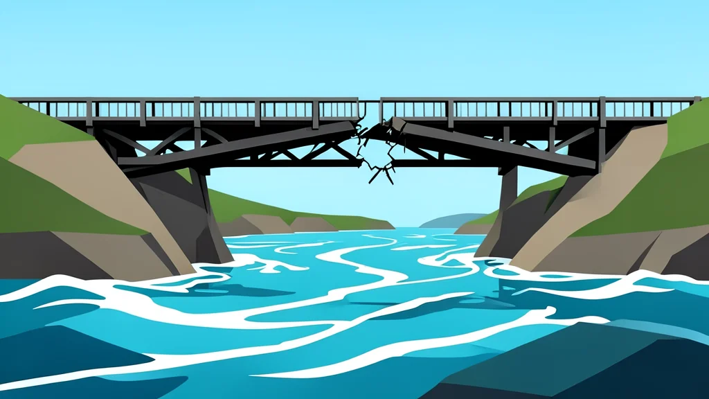 A broken bridge over a turbulent river