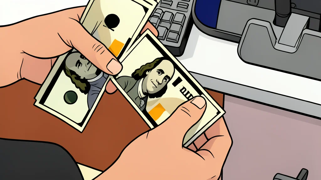 A neat stack of paper currency bills resting on a textured wooden desk surface.