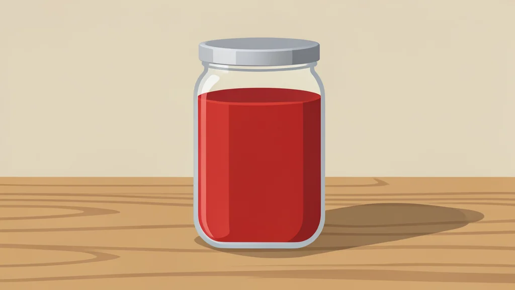 A glass jar filled with red tomato soup sitting on a wooden table