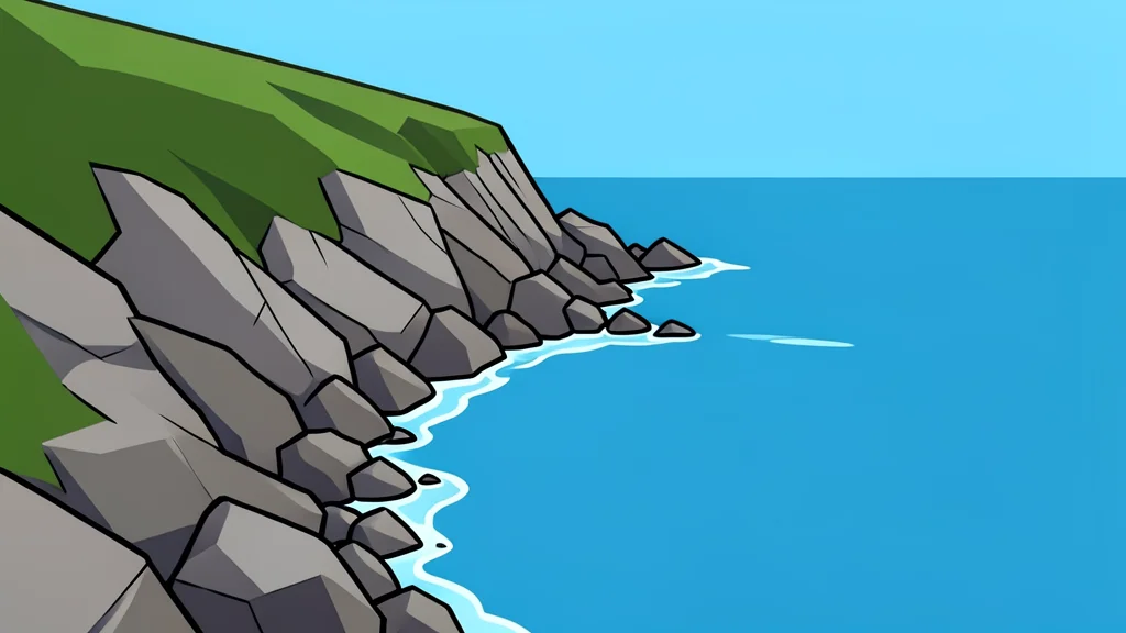 A rugged, rocky coastline meets the calm sea near a narrow waterway strait.