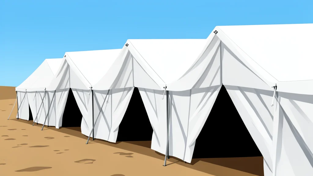 A sandy beach meeting the edge of a calm sea, with a large white tent structure in the background