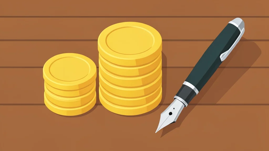 A stack of gold coins next to a fountain pen on a wooden desk