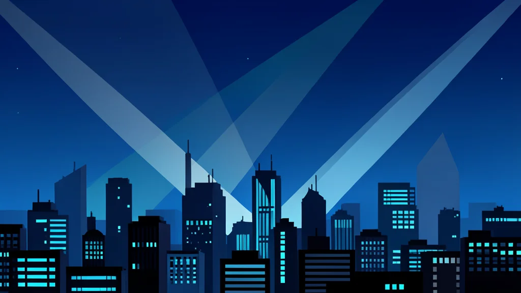 A modern city skyline at night with searchlights sweeping across the sky