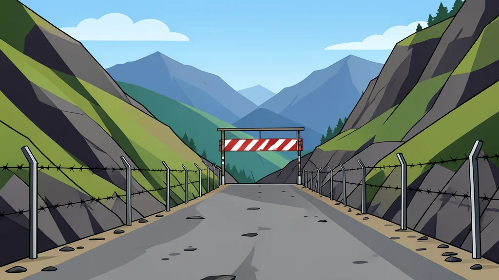 A rugged mountain pass with a closed border checkpoint and barbed wire fencing
