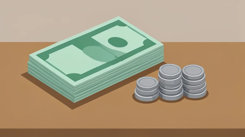 A stack of paper banknotes and a small pile of metal coins on a wooden counter