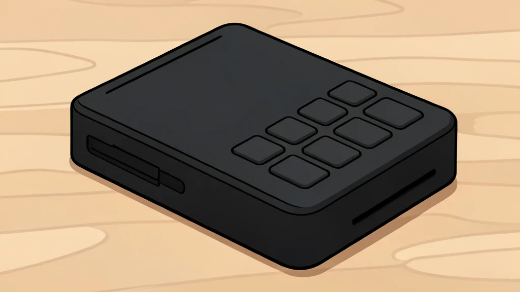 A black electronic payment terminal with a keypad and card slot sitting on a wooden desk