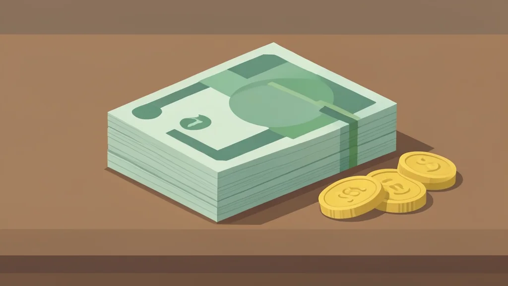 A stack of foreign banknotes and coins resting on a wooden desk surface